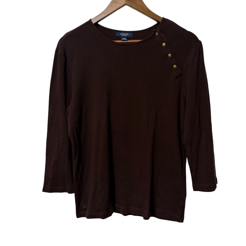 Womens Top L Brown Casual 3/4 Sleeve Cotton Ribbed Minimalist Earthy Old Money